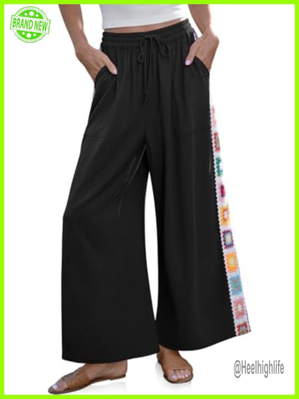 Wide Leg Linen Pants Crochet Trim Drawstring Palazzo Boho